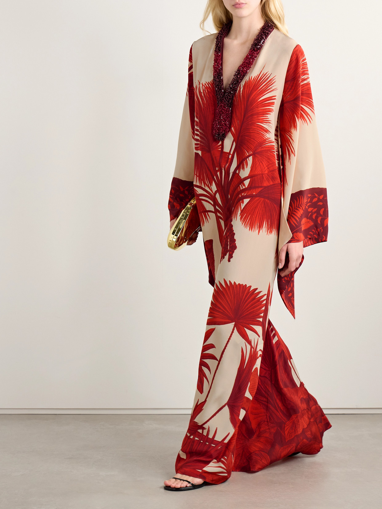 JOHANNA ORTIZ SOUTHERN TROPICS OVERSIZED EMBELLISHED PRINTED SILK CREPE DE CHINE MAXI DRESS