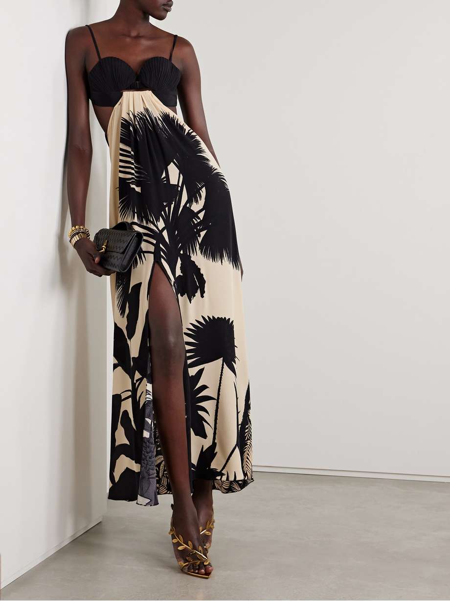 fascination of the east open-back pleated printed silk crepe de chine maxi dress
