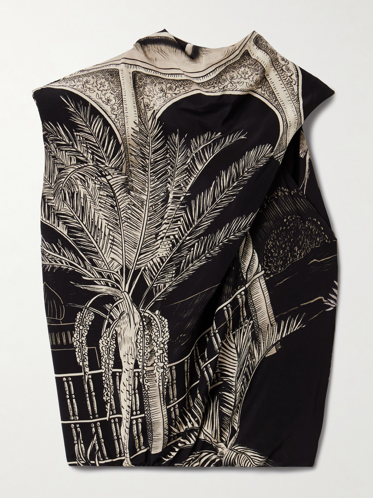 Johanna Ortiz Natural Harbor One-sleeve Draped Printed Silk Crepe De Chine Top In Black