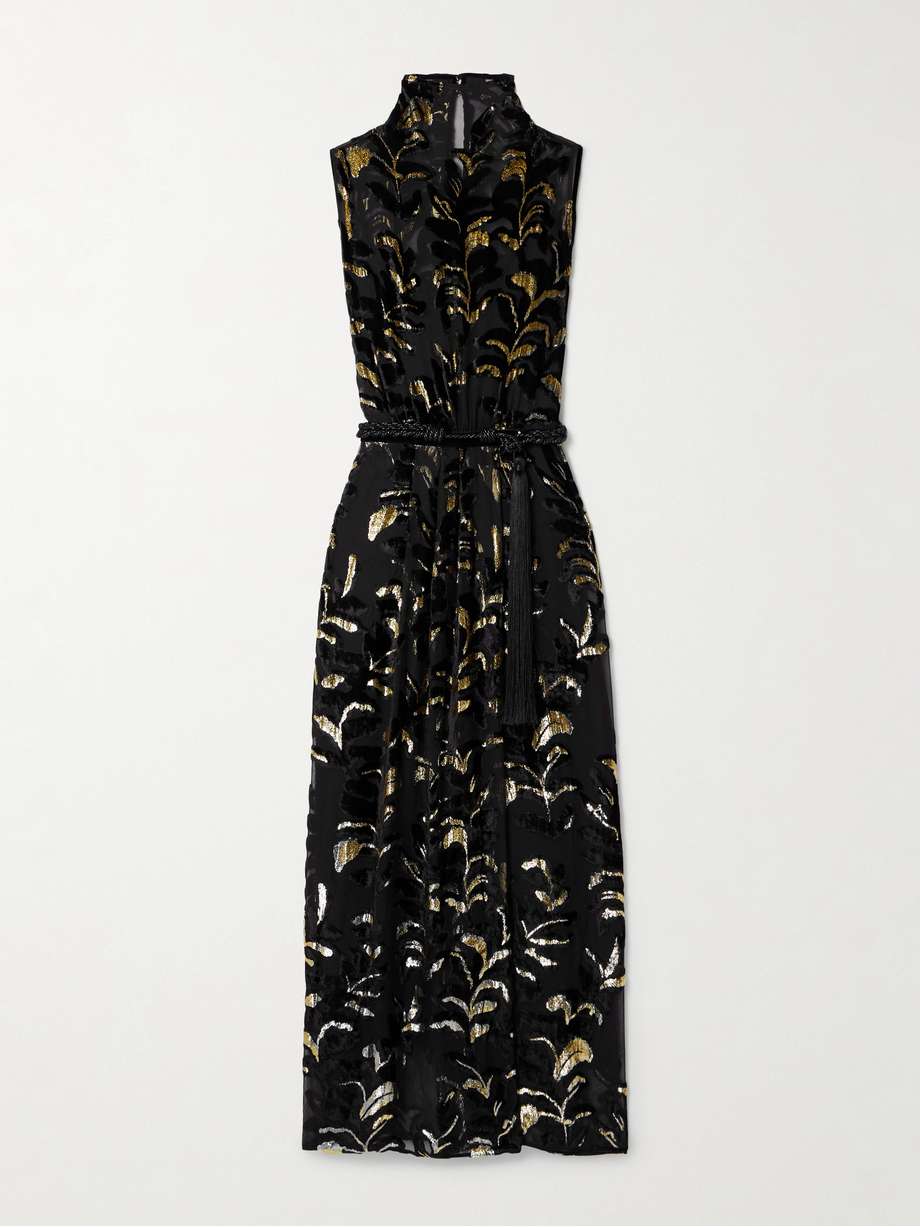 fancy sea belted silk-blend metallic fil coupé devoré-velvet maxi dress