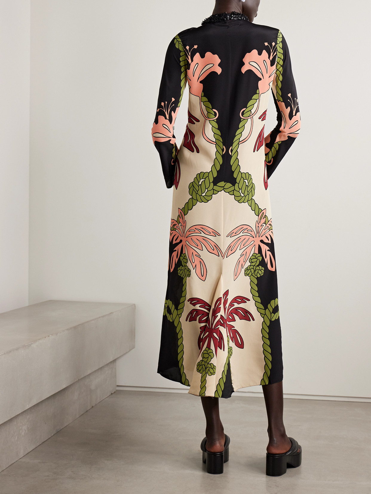 Johanna Ortiz Queen Palm Belted Printed Silk Crepe De Chine Midi Dress In Black
