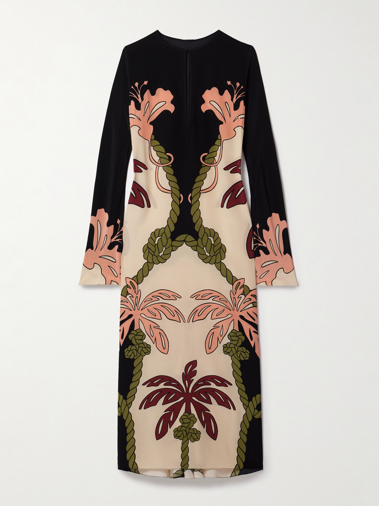 Johanna Ortiz Queen Palm Belted Printed Silk Crepe De Chine Midi Dress In Black