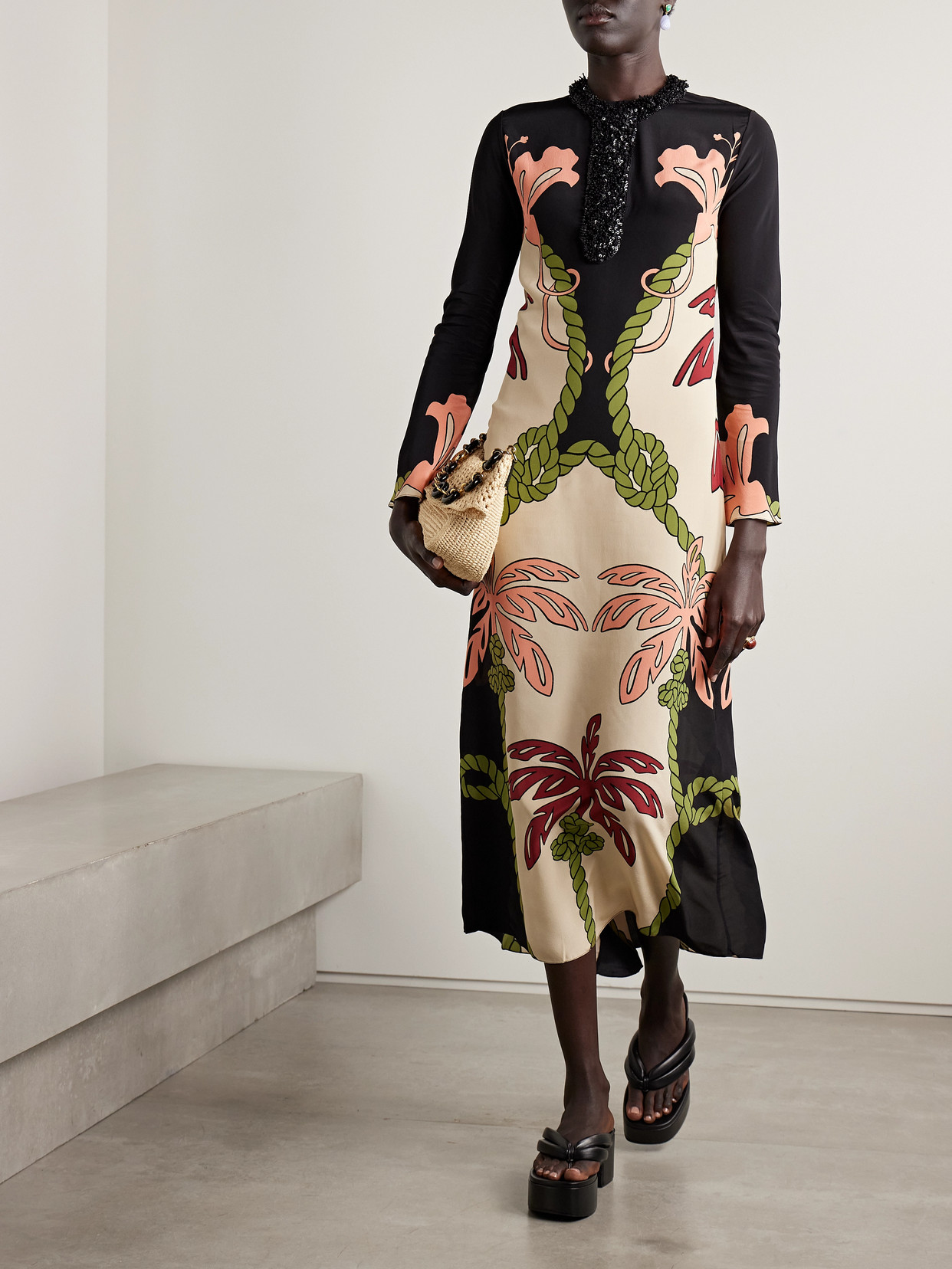 Johanna Ortiz Queen Palm Belted Printed Silk Crepe De Chine Midi Dress In Black