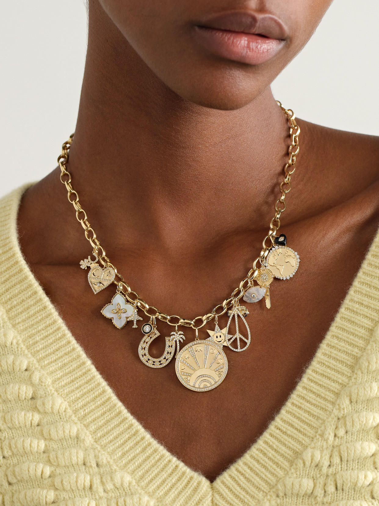 Sydney Evan Around The World Gold, Enamel, Diamond And Mother-of-pearl Necklace In Gold