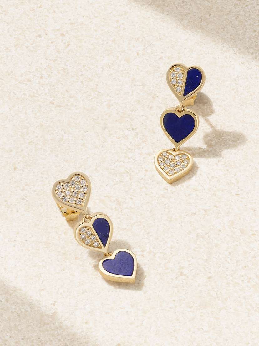 Sydney Evan Three Hearts 14-karat Gold, Lapis Lazuli And Diamond Earrings