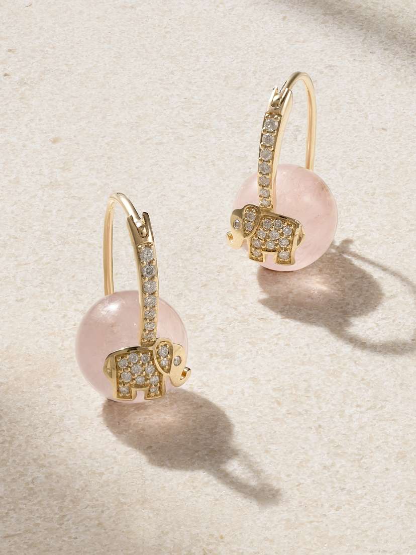 Sydney Evan Elephant 14-karat Gold, Rose Quartz And Diamond Earring