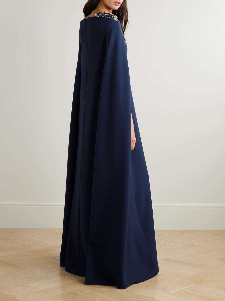 aleyna cape-effect embellished tulle-trimmed crepe gown