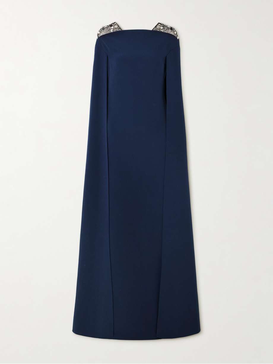 aleyna cape-effect embellished tulle-trimmed crepe gown