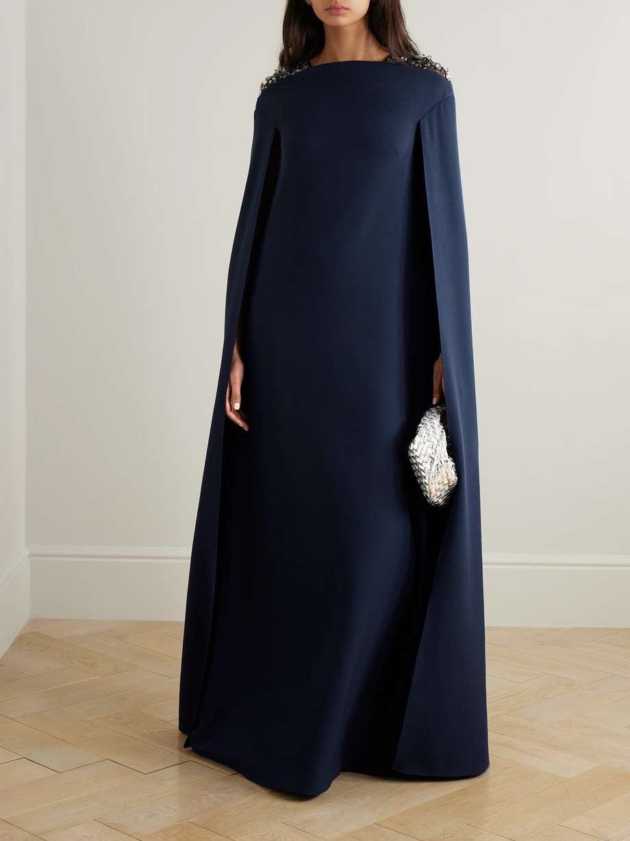 aleyna cape-effect embellished tulle-trimmed crepe gown