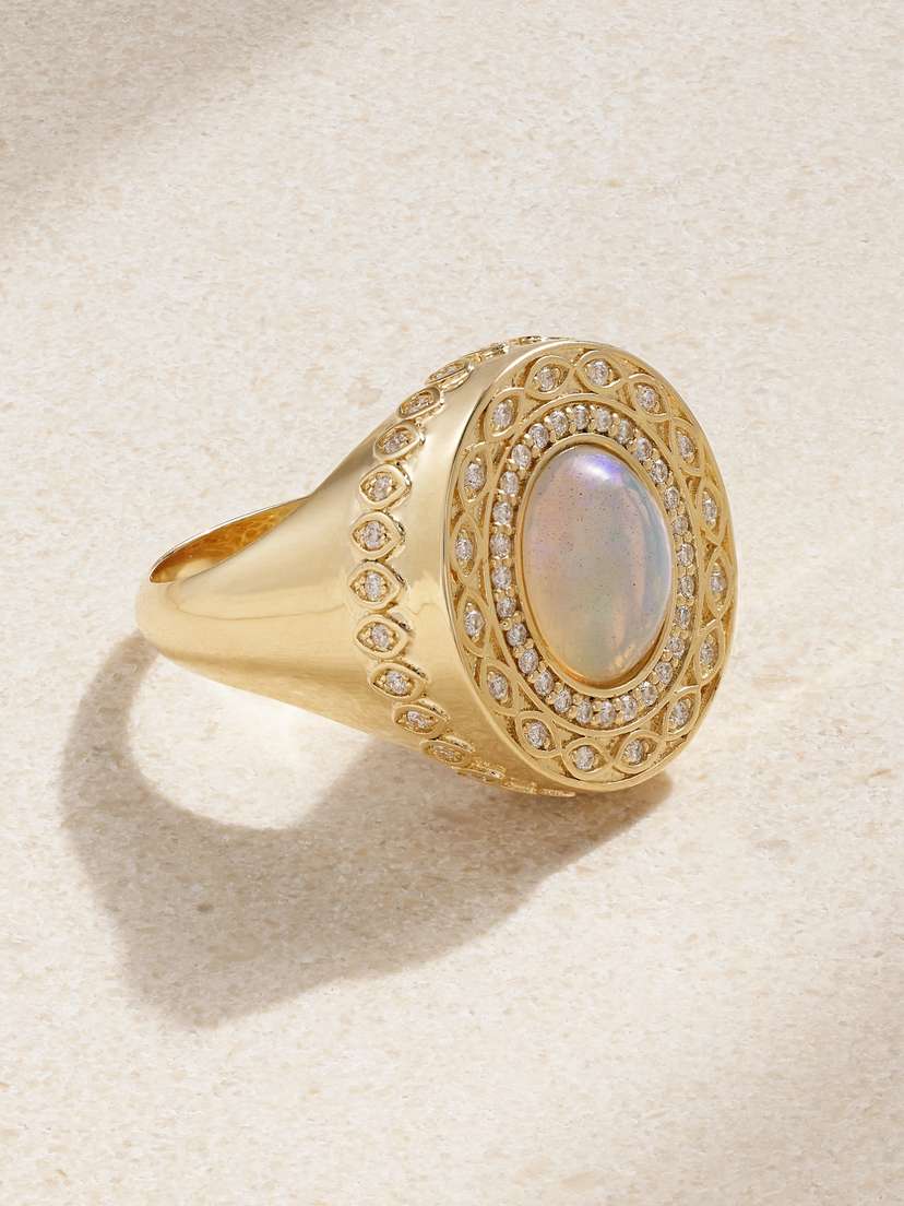 Sydney Evan 14-karat Gold, Opal And Diamond Signet Ring