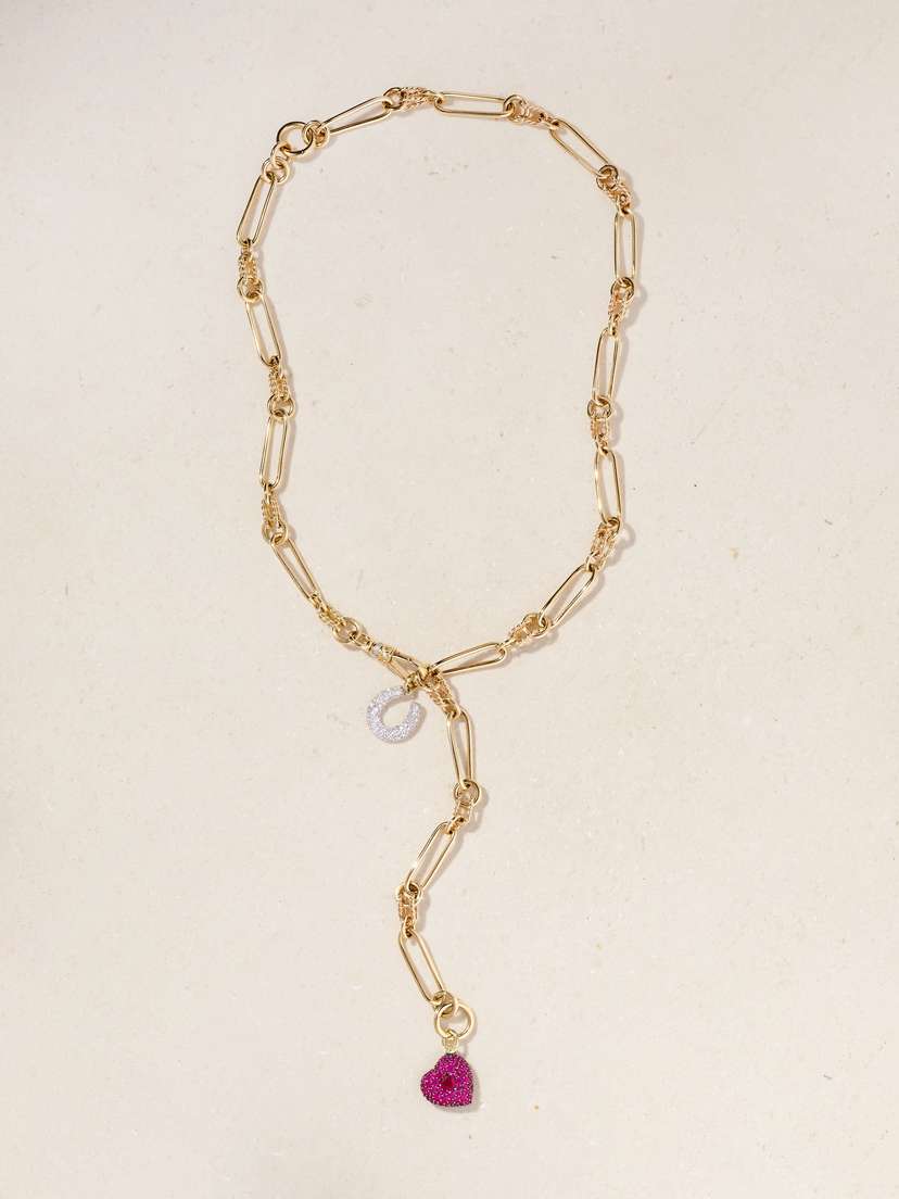 Lucy Delius Twisted Chain, Horseshoe And Heart Convertible 14-karat Gold, Rhodium-plated, Ruby And Diamond Necklace