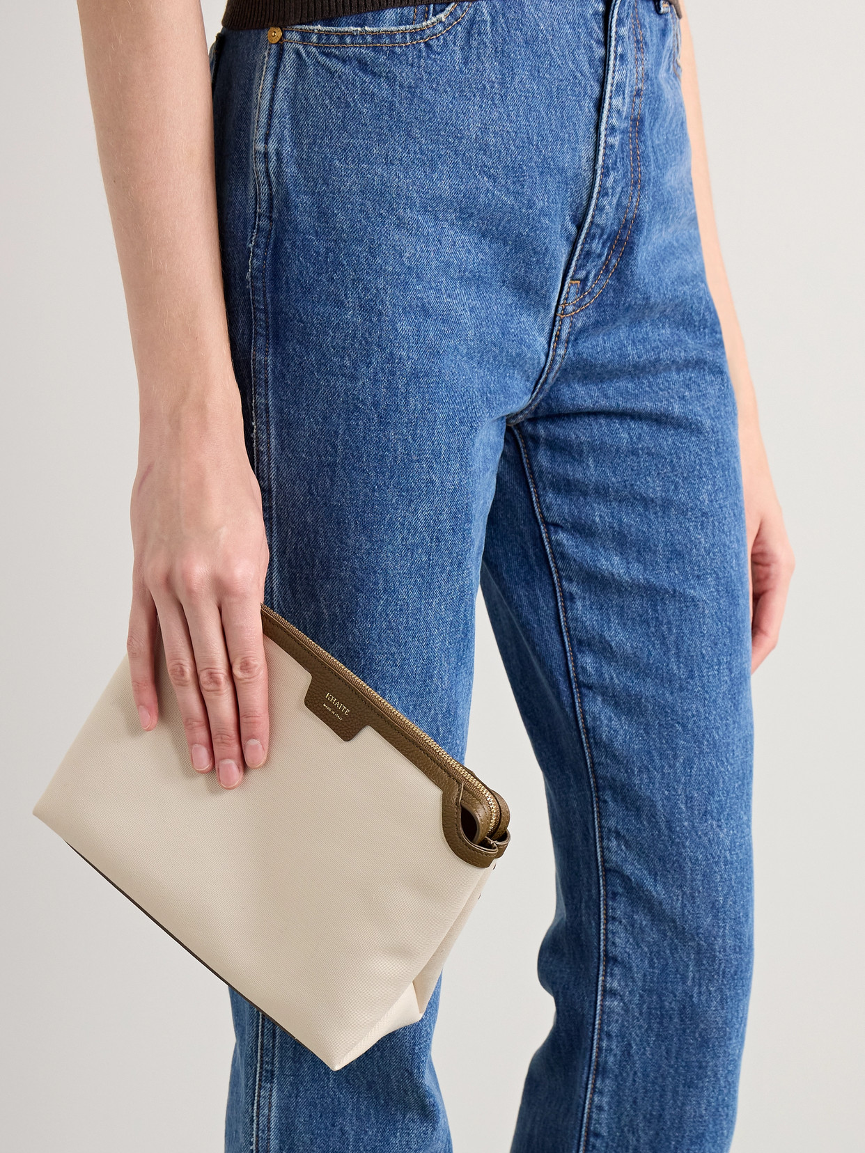 KHAITE LINA MEDIUM TEXTURED LEATHER-TRIMMED CANVAS SHOULDER BAG 