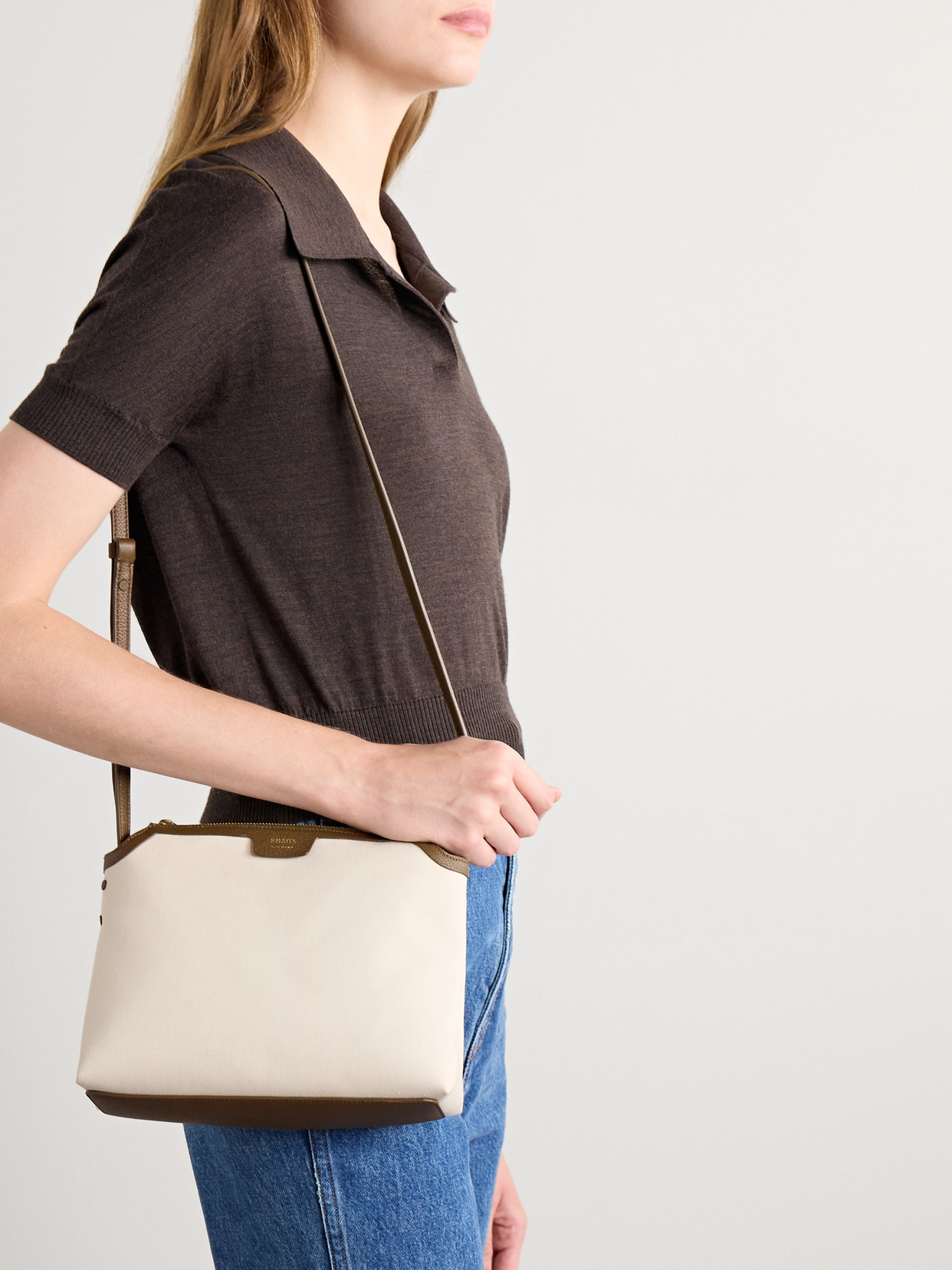 KHAITE LINA MEDIUM TEXTURED LEATHER-TRIMMED CANVAS SHOULDER BAG 