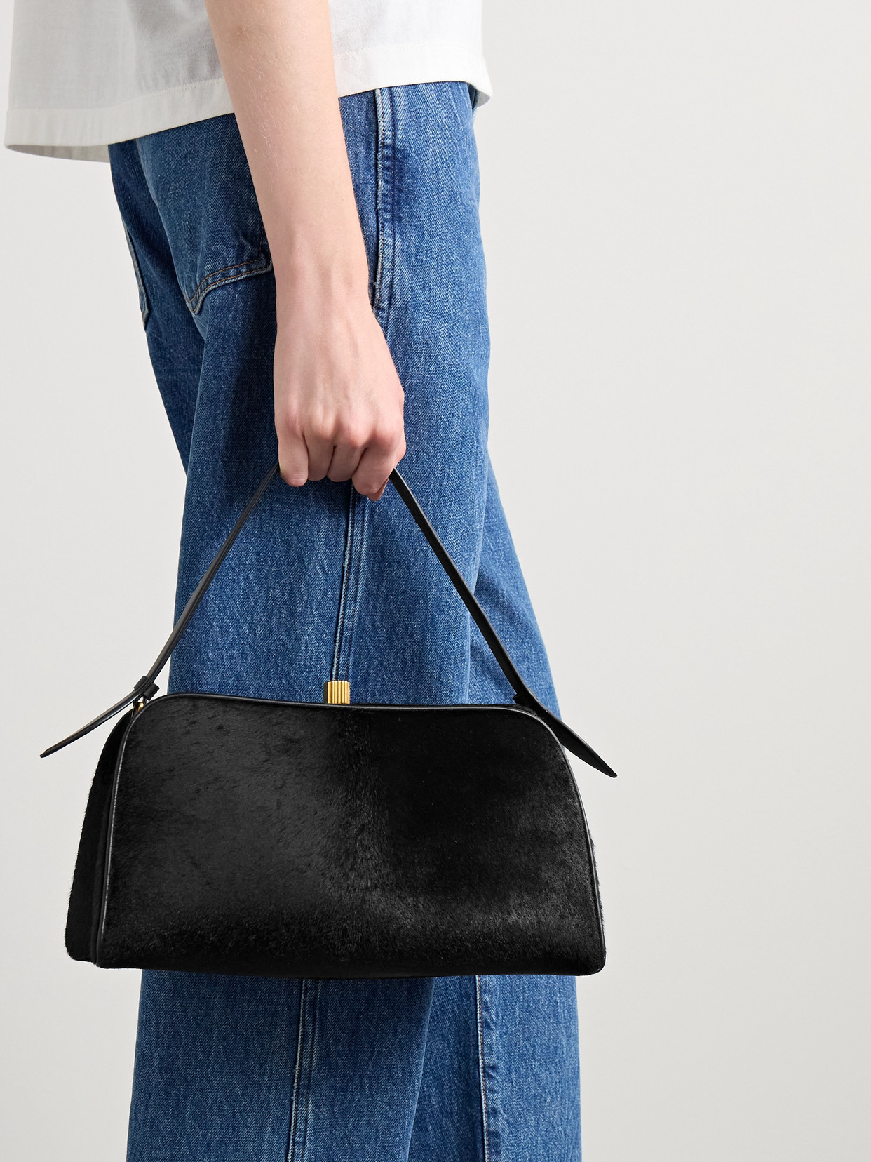 KHAITE CATE LEATHER-TRIMMED CALF HAIR TOTE