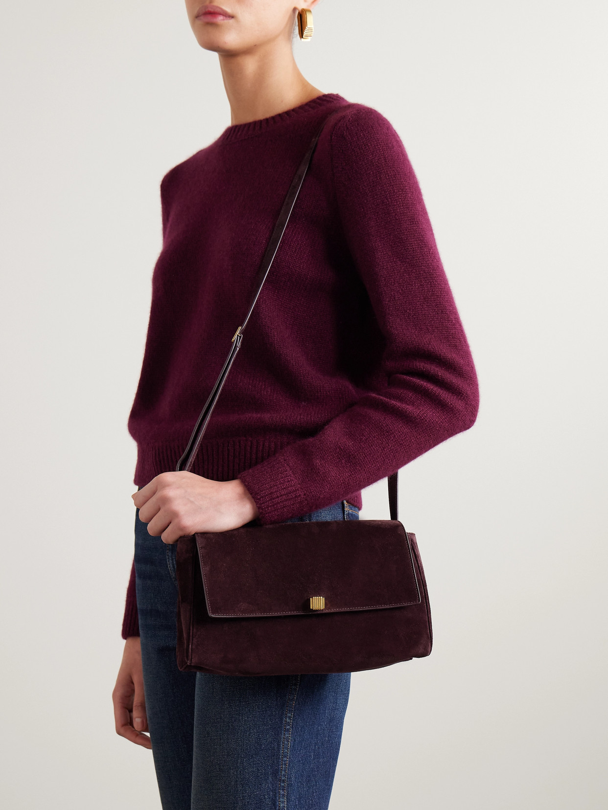 Khaite Audrey Flap Suede Crossbody Bag In Burgundy