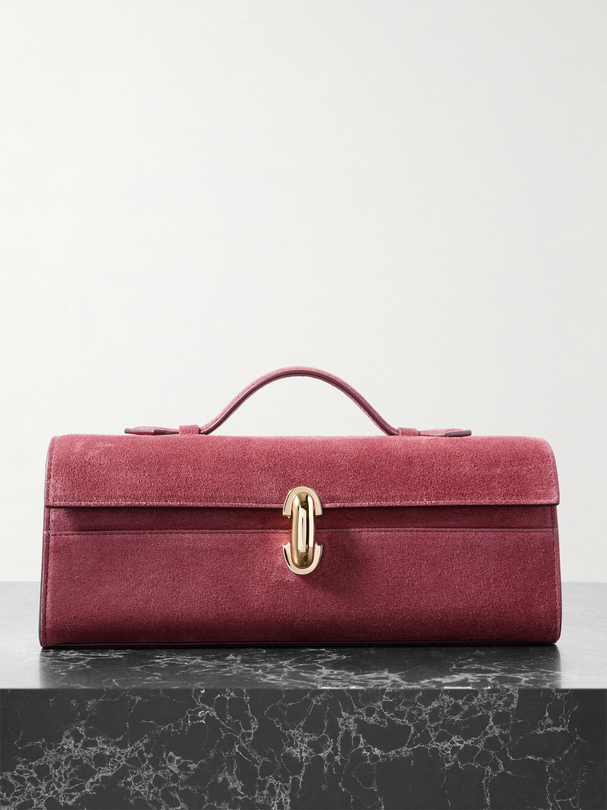 Savette Slim Symmetry Pochette Leather-trimmed Suede Tote In Burgundy