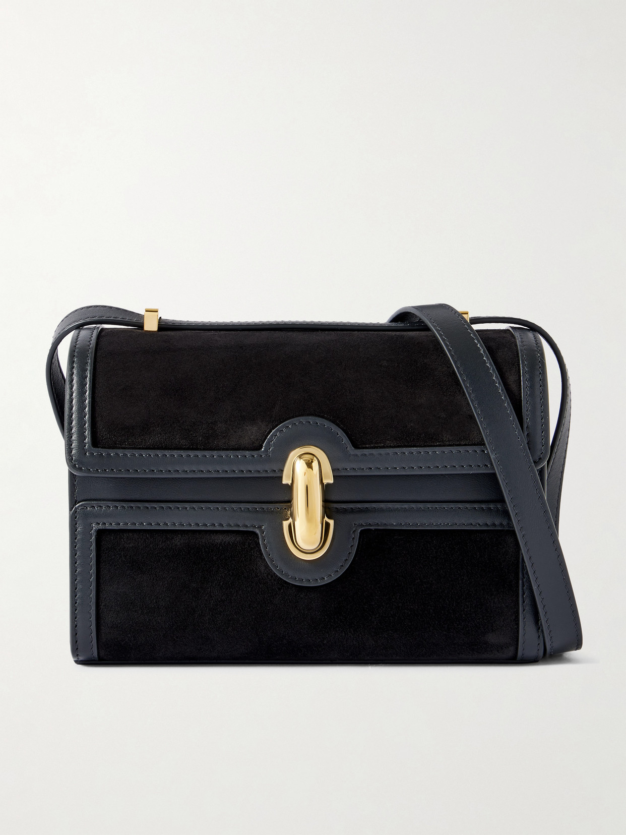Savette Symmetry 19 Leather-trimmed Suede Shoulder Bag In Black