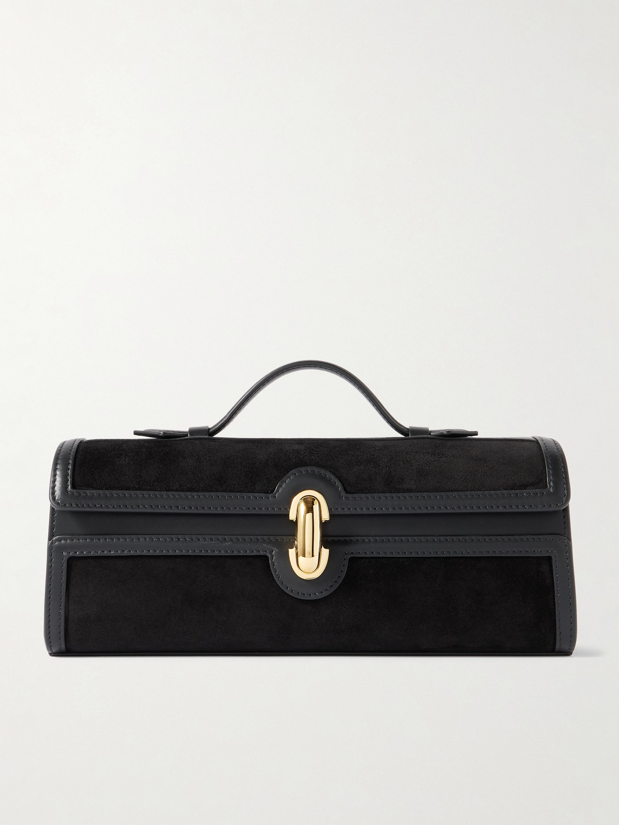 Savette Slim Symmetry Pochette Leather-trimmed Suede Tote In Black