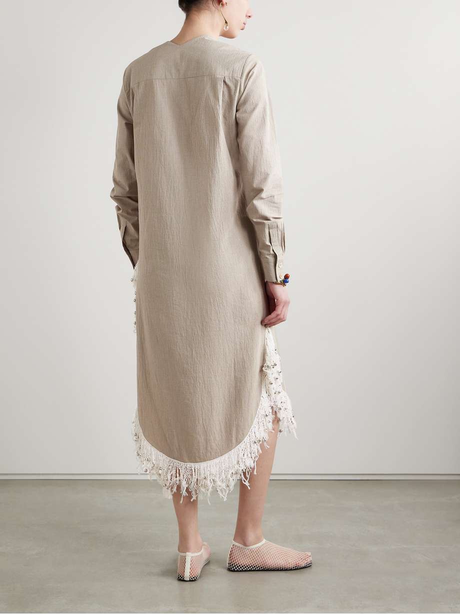 una oversized fringed bead-embellished checked organic cotton midi dress