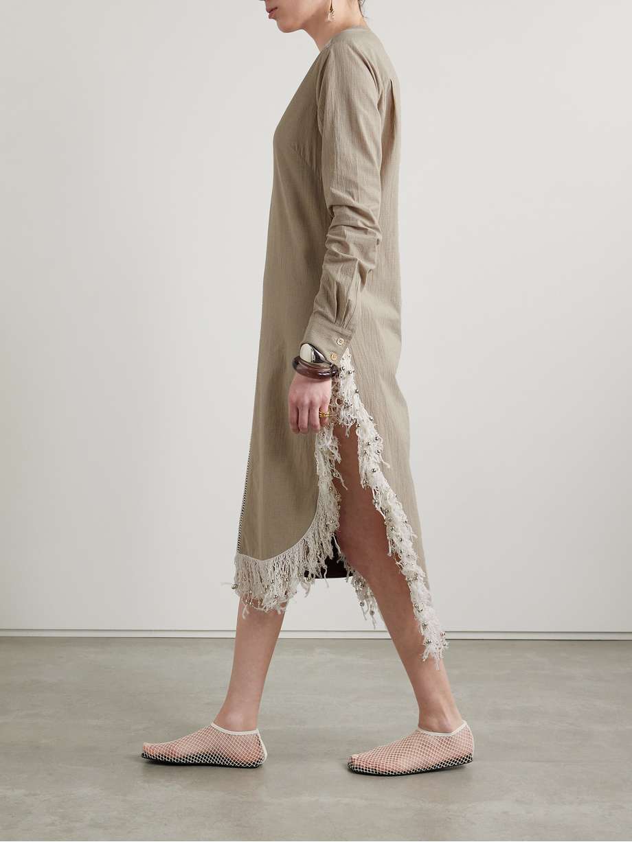 una oversized fringed bead-embellished checked organic cotton midi dress