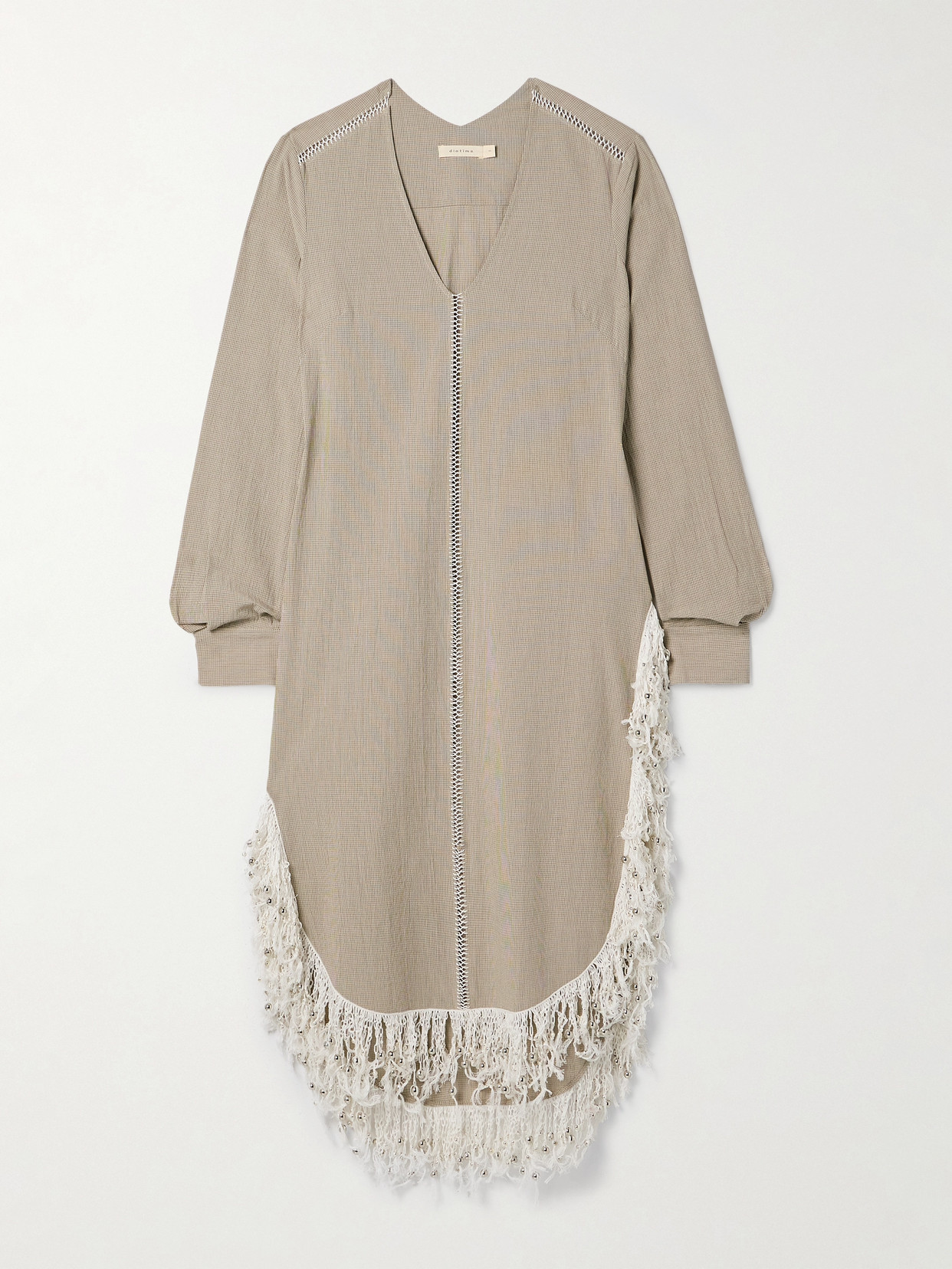 Shop Diotima Una Oversized Fringed Bead-embellished Checked Organic Cotton Midi Dress In Neutrals