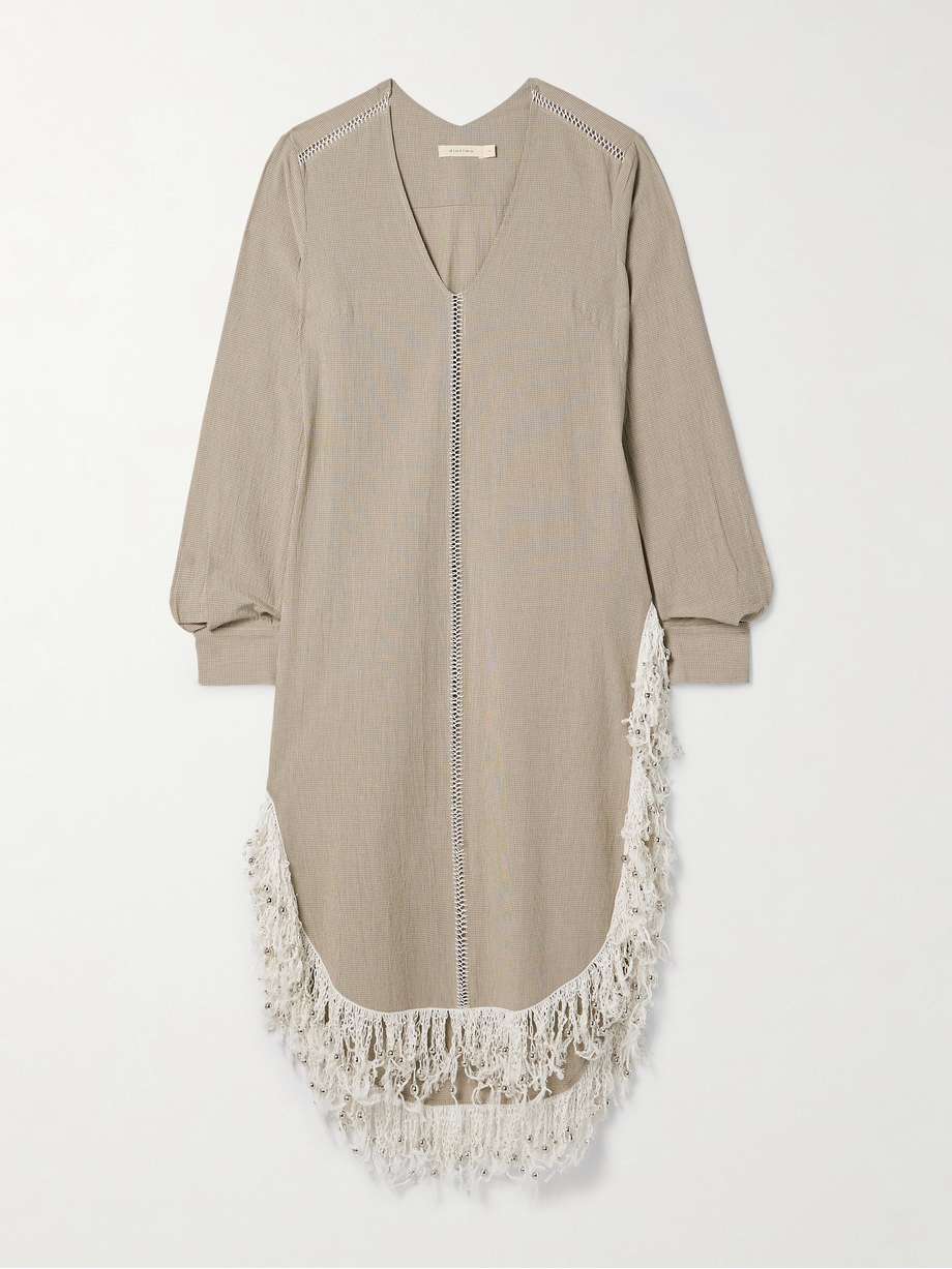 una oversized fringed bead-embellished checked organic cotton midi dress