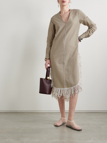 Diotima Una oversized fringed bead-embellished checked organic cotton midi dress