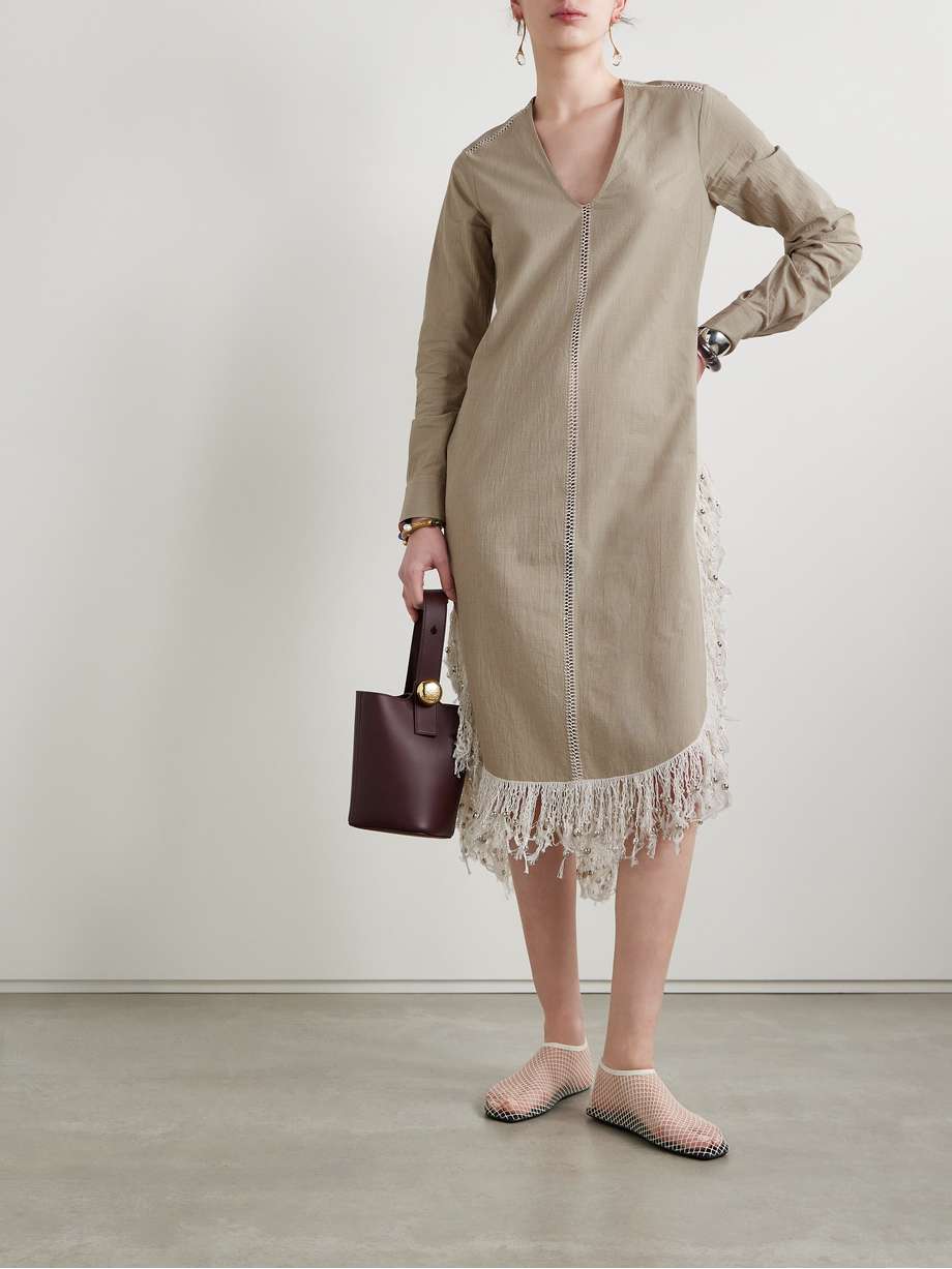 una oversized fringed bead-embellished checked organic cotton midi dress