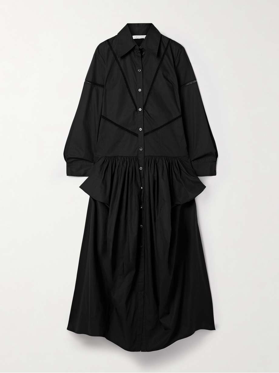 ritual crochet-trimmed gathered cotton-poplin midi shirt dress