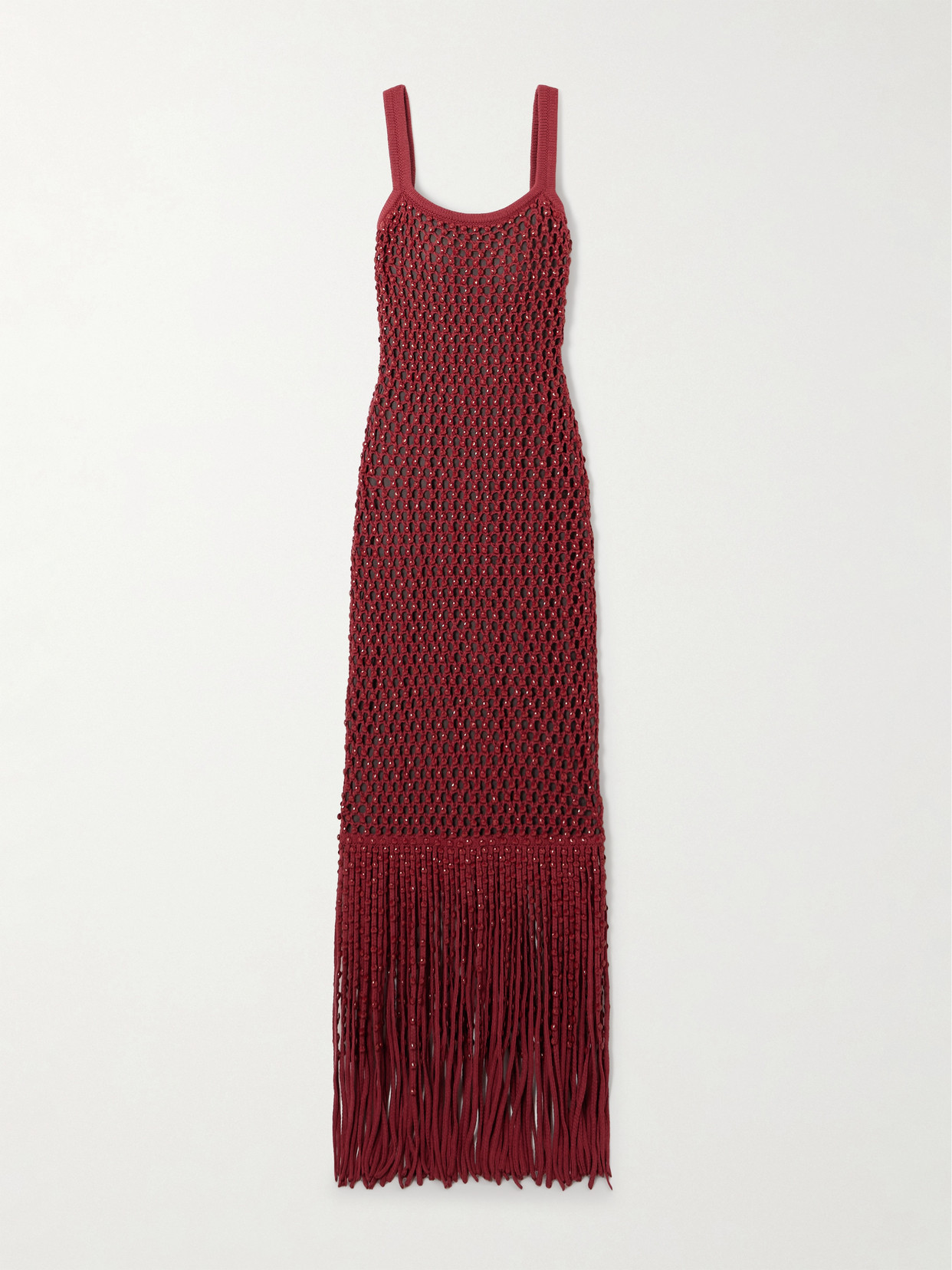 Diotima Gala Open-back Fringed Embellished Crocheted Cotton-blend Gown In Red