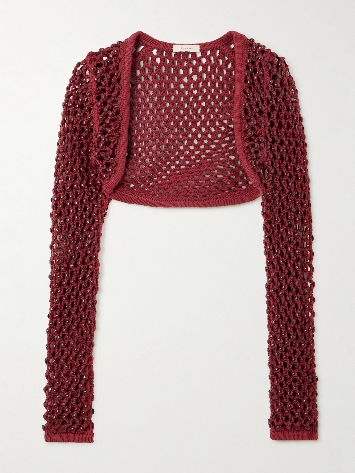 Diotima Gala Cropped Embellished Crocheted Cotton-blend Cardigan In Red