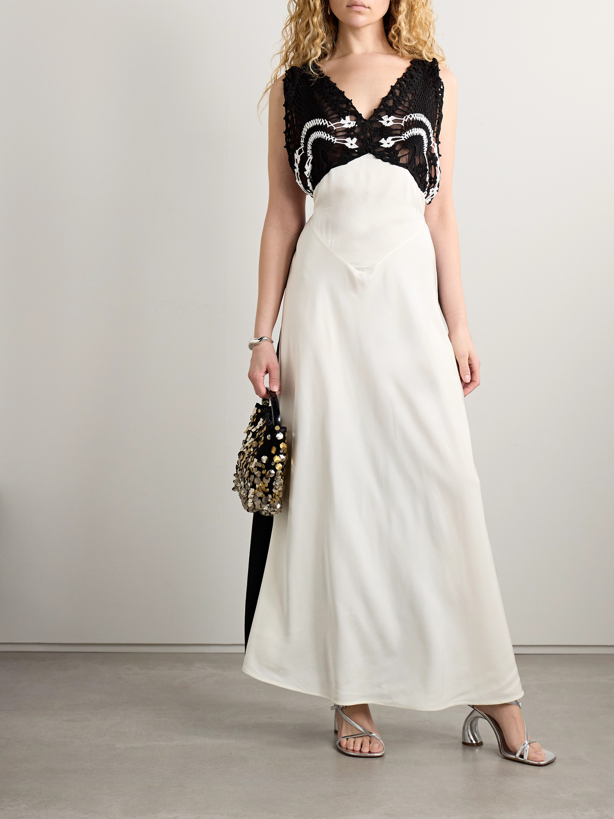 DIOTIMA PAVONA TWO-TONE CROCHETED COTTON-TRIMMED TWILL MAXI DRESS