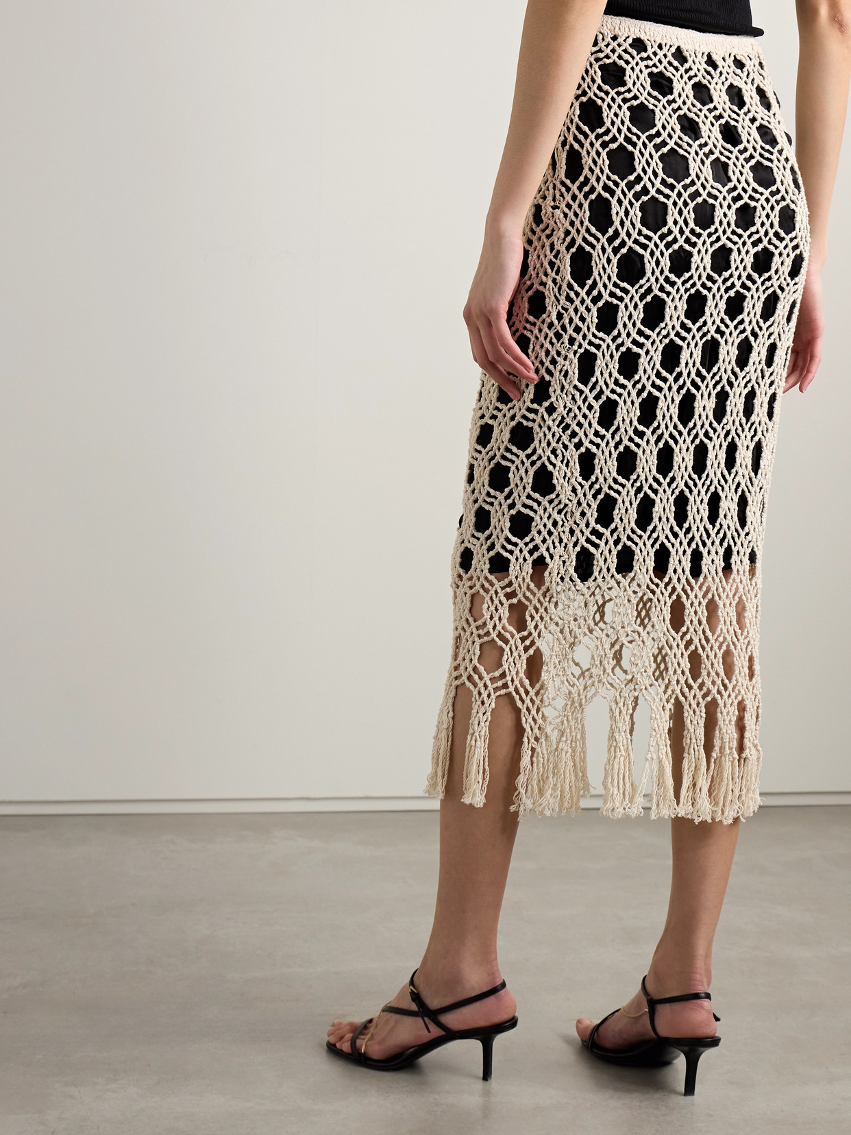 DIOTIMA SPARROW FRINGED CROCHETED COTTON MIDI SKIRT