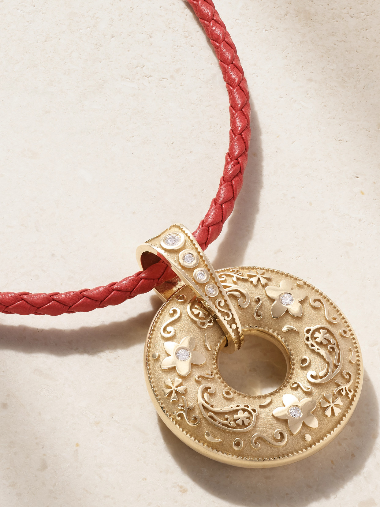 Marlo Laz Southwestern Donut 14-karat Gold, Diamond And Leather Necklace In Red