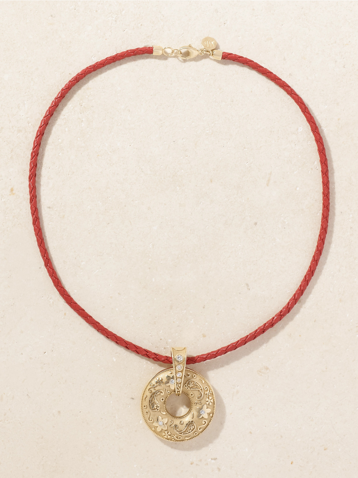 Marlo Laz Southwestern Donut 14-karat Gold, Diamond And Leather Necklace In Red