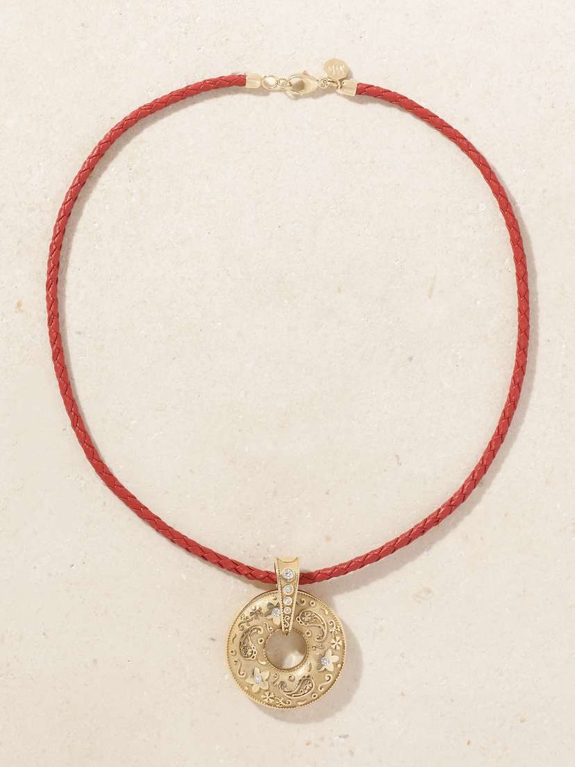 Marlo Laz Southwestern Donut 14-karat Gold, Diamond And Leather Necklace