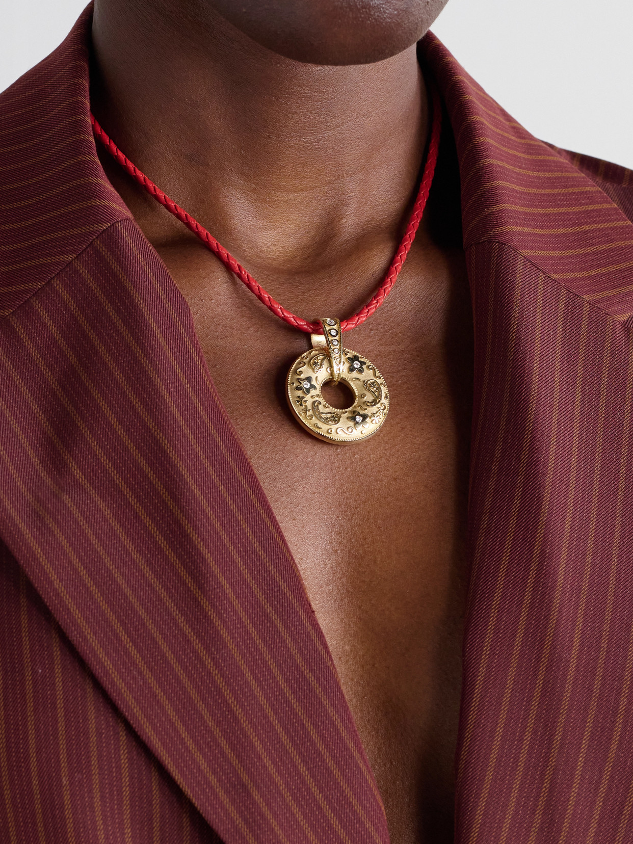 Marlo Laz Southwestern Donut 14-karat Gold, Diamond And Leather Necklace In Red