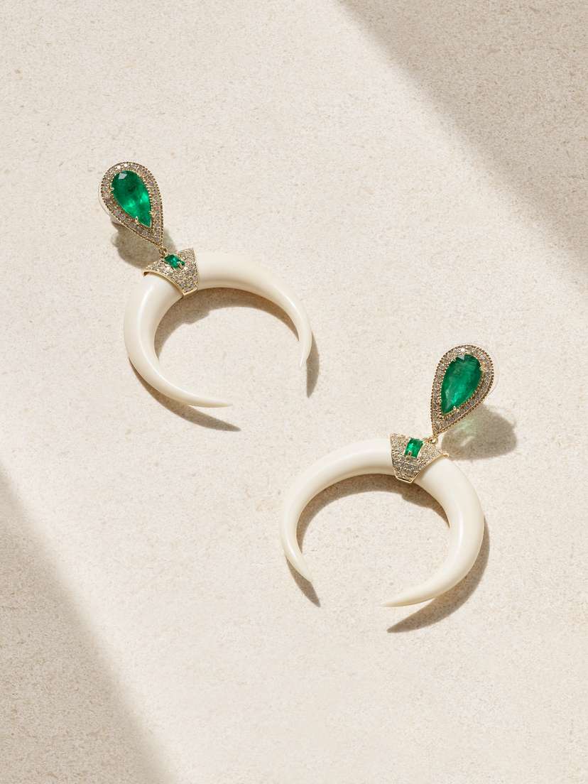 Jacquie Aiche 14-karat Gold, Bone, Emerald And Diamond Earrings