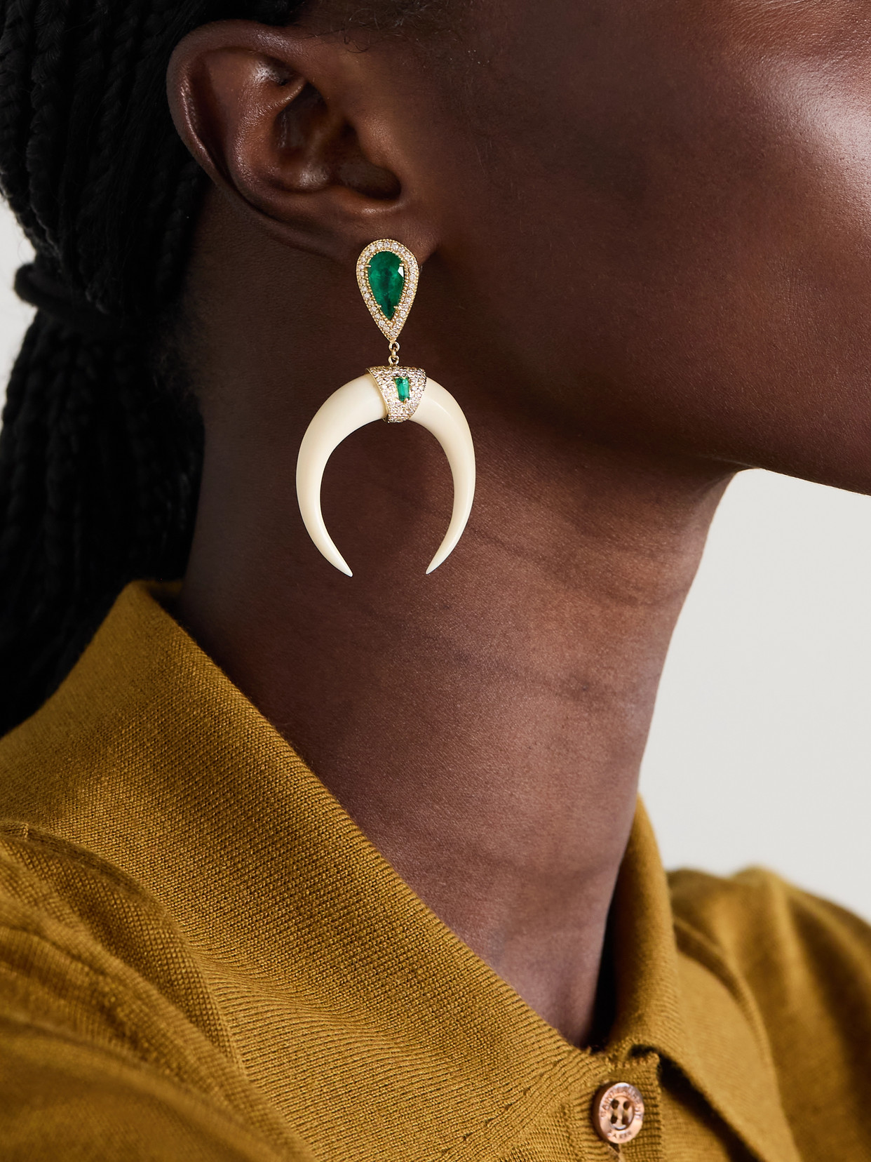 Jacquie Aiche 14-karat Gold, Bone, Emerald And Diamond Earrings In Green