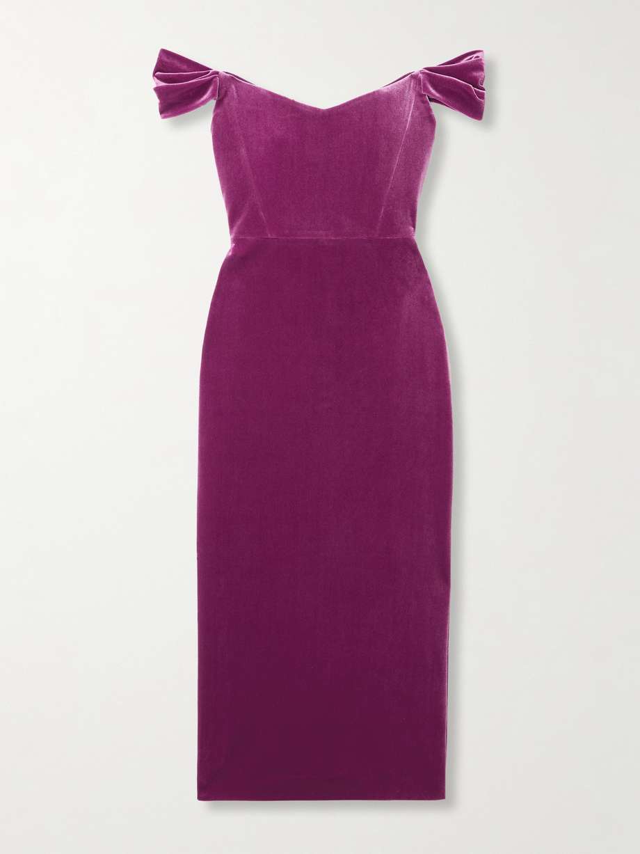 off-the-shoulder stretch-velvet midi dress