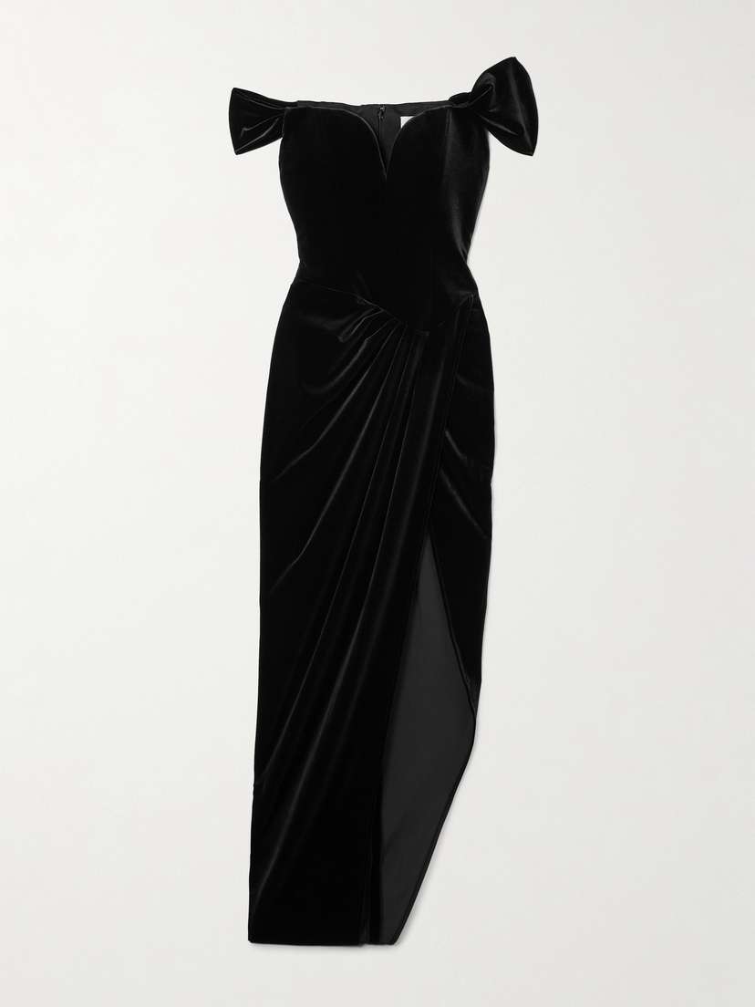 Alex Perry Off-the-shoulder Asymmetric Stretch-velvet Gown - UK 14