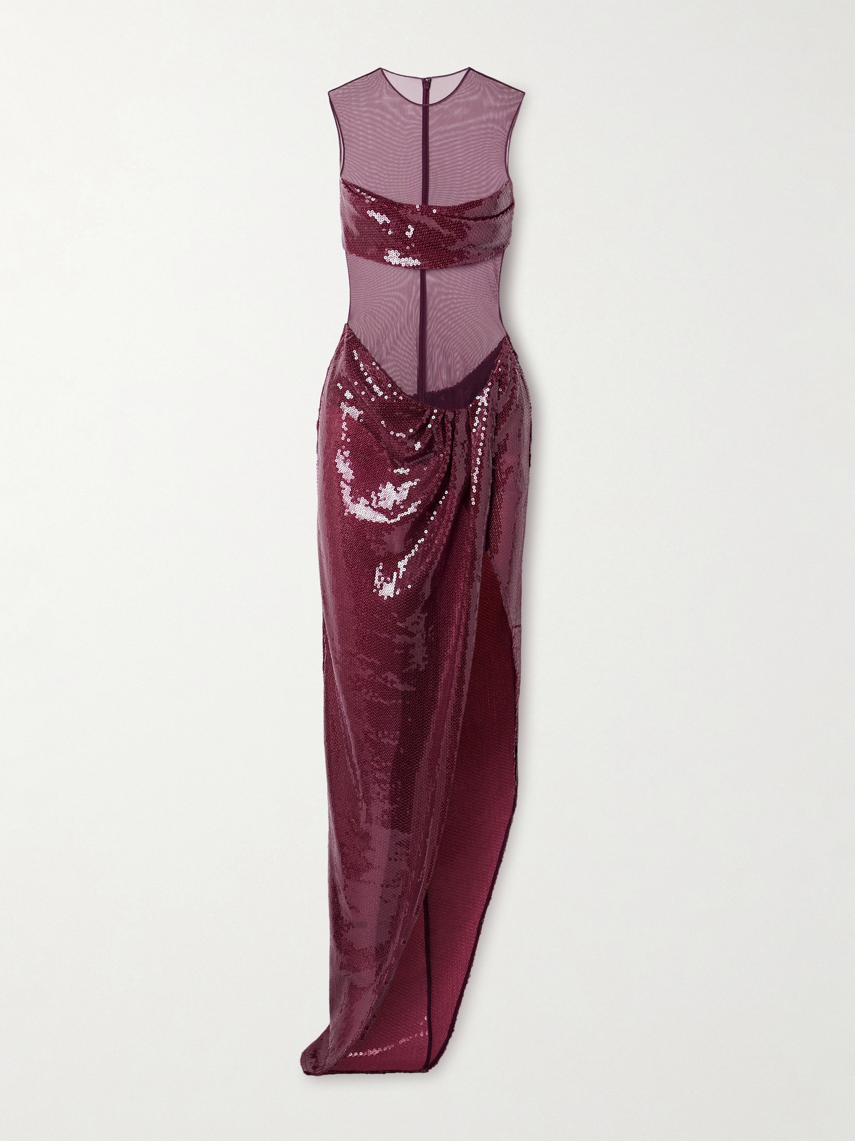 Alex Perry Asymmetric Paneled Draped Sequined Tulle Gown In Burgundy