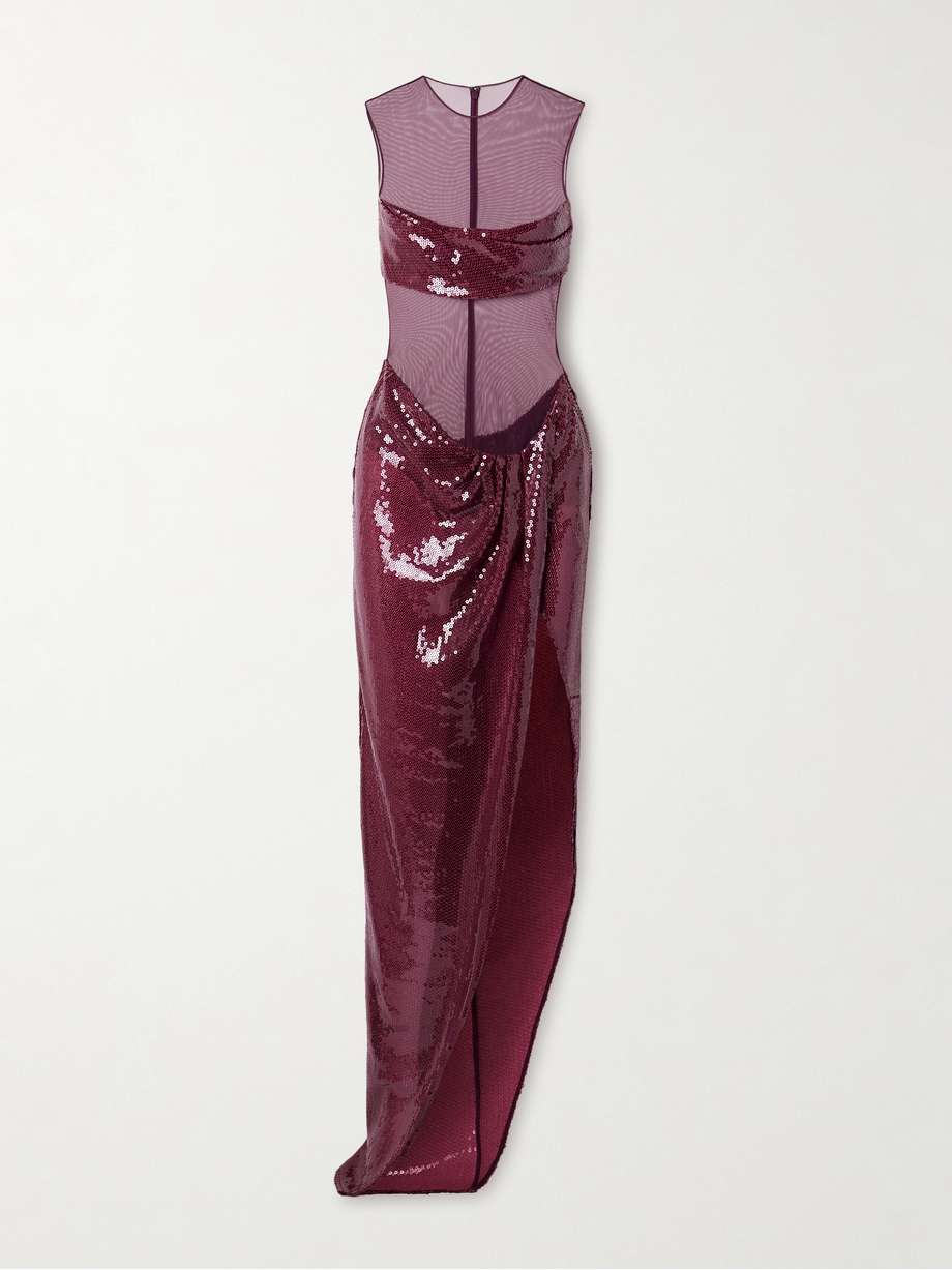 asymmetric paneled draped sequined tulle gown