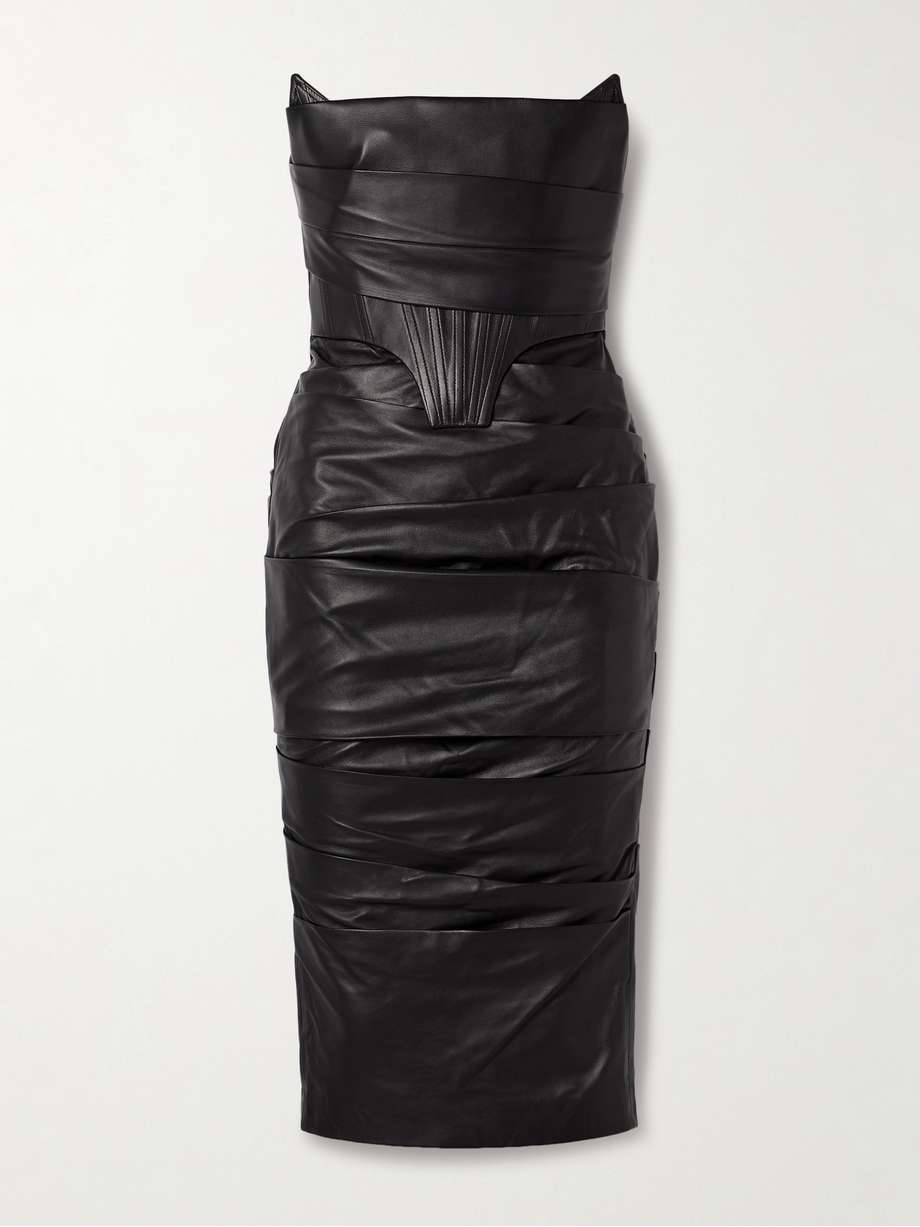 strapless ruched leather dress