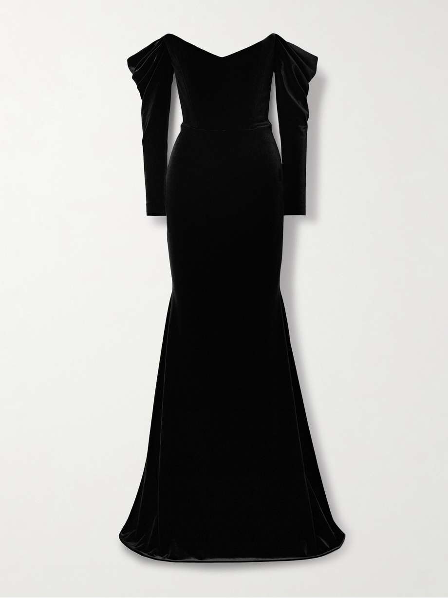 off-the-shoulder velvet gown