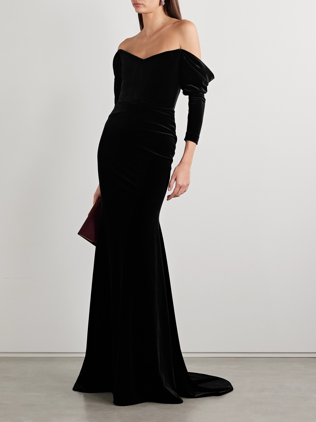 ALEX PERRY OFF-THE-SHOULDER VELVET GOWN