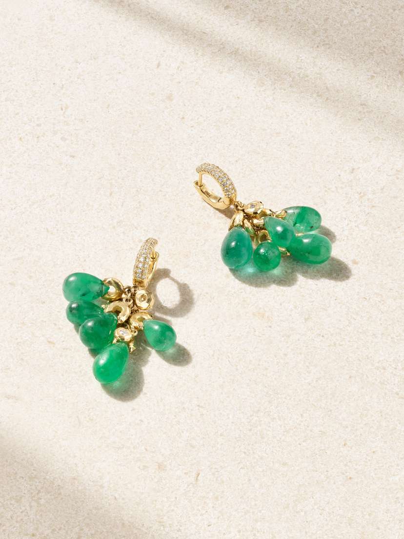 Octavia Elizabeth Emerald Parrot Fish 18-karat Recycled Gold, Emerald And Diamond Hoop Earrings