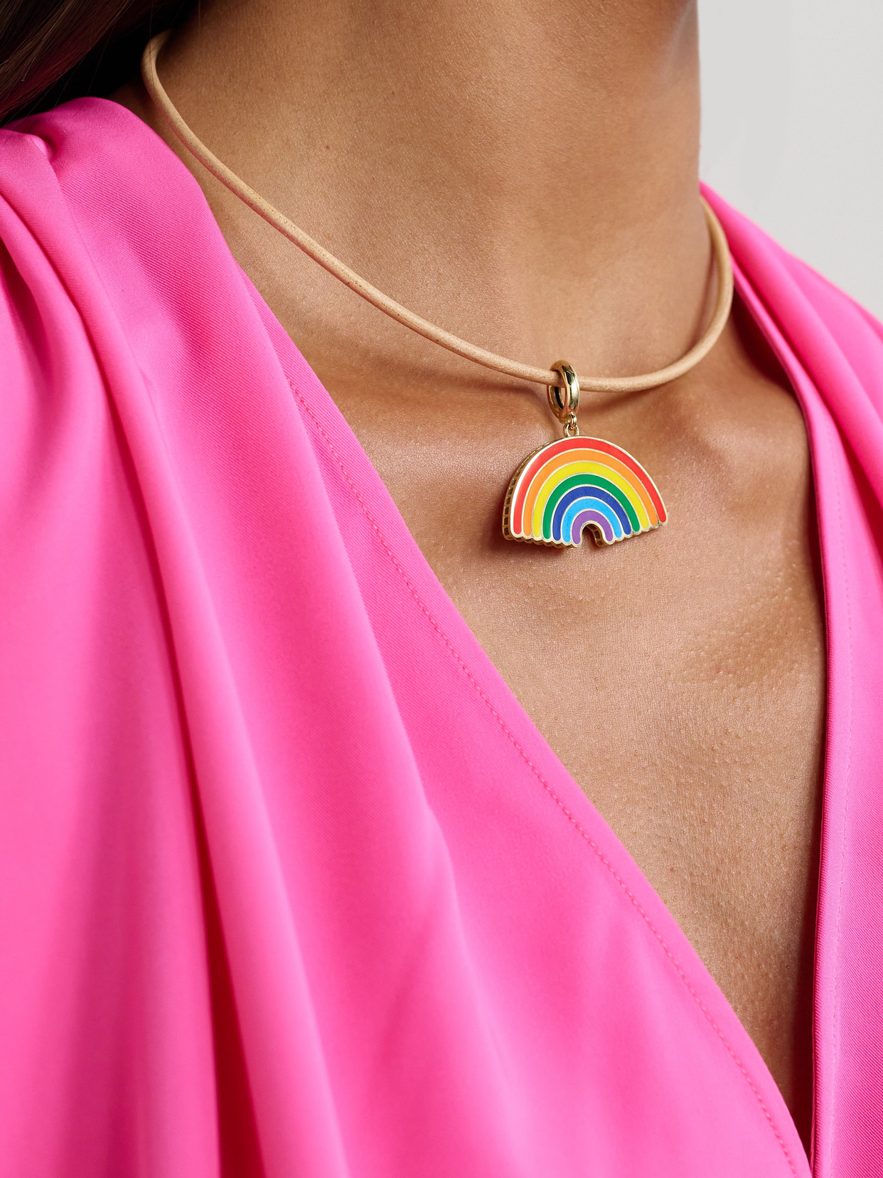 Lauren Rubinski Rainbow 14-karat Gold, Enamel And Leather Necklace In Neutral