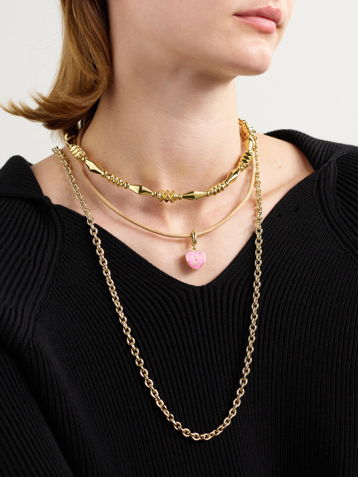 Lauren Rubinski Love Me 14-karat Gold, Enamel And Cord Necklace In Neutral