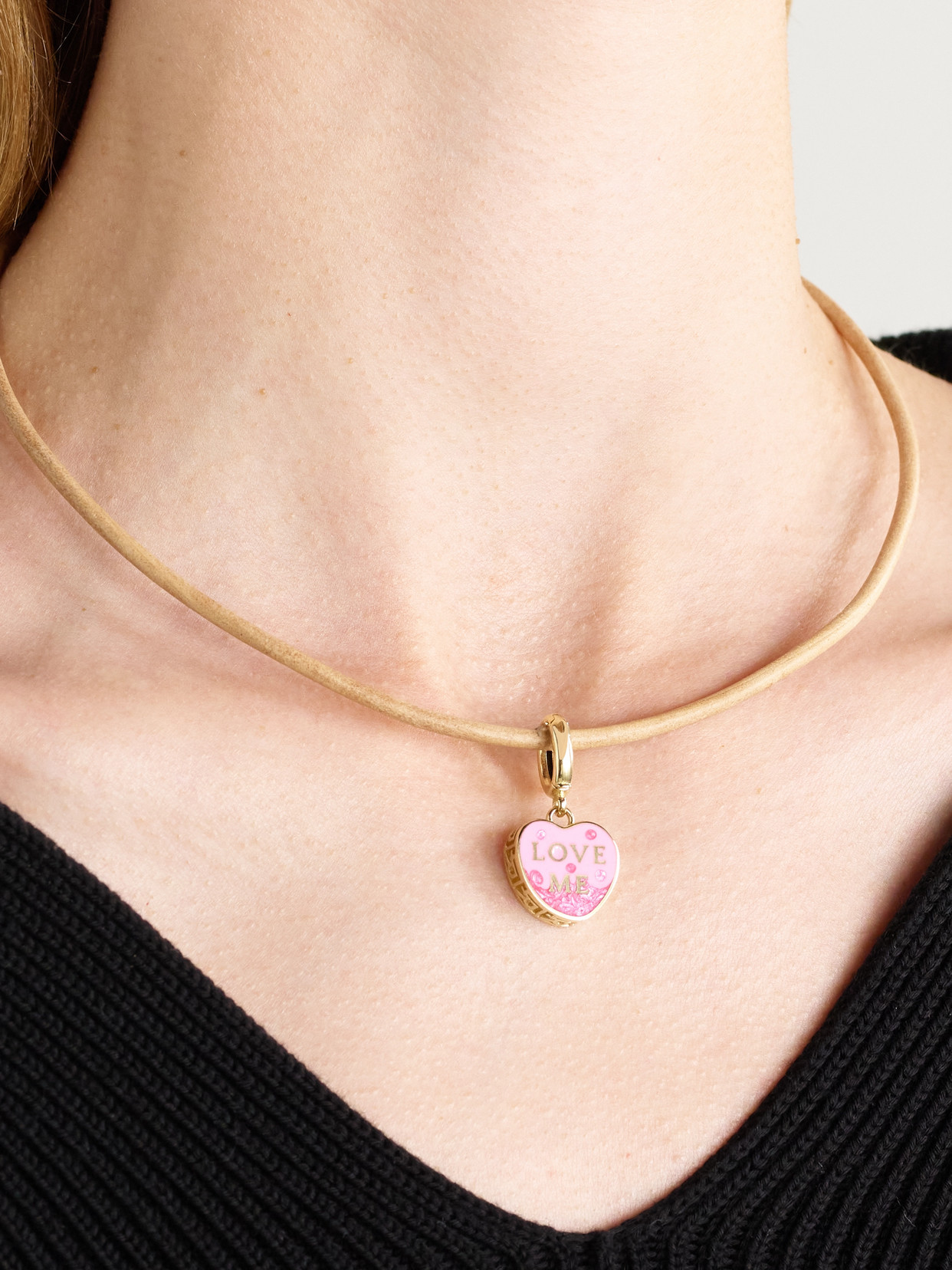 Lauren Rubinski Love Me 14-karat Gold, Enamel And Cord Necklace In Neutral